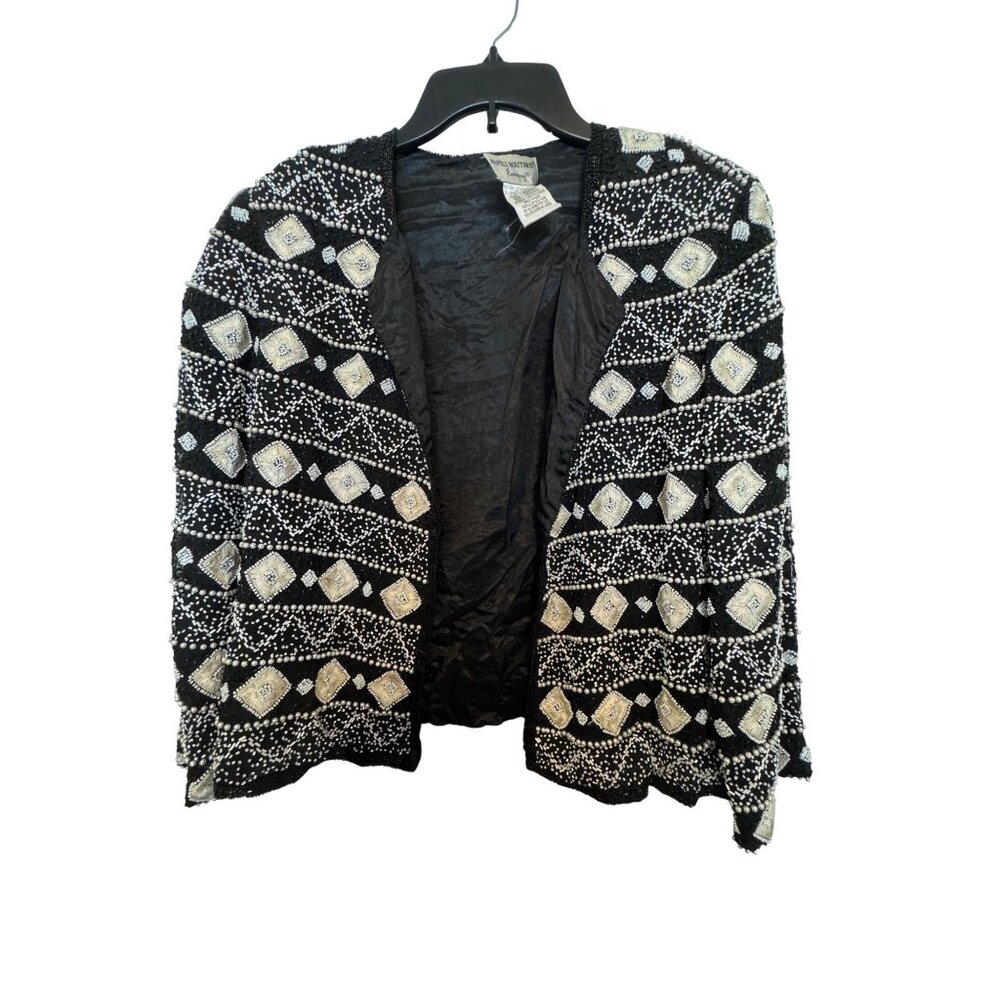 Vintage Papell Boutique Evening Black/White Womens Silk Beaded Open Jacket  Made